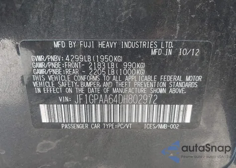 2013 Subaru Impreza 2.0I из США, поврежденный, VIN JF1GPAA64DH802972